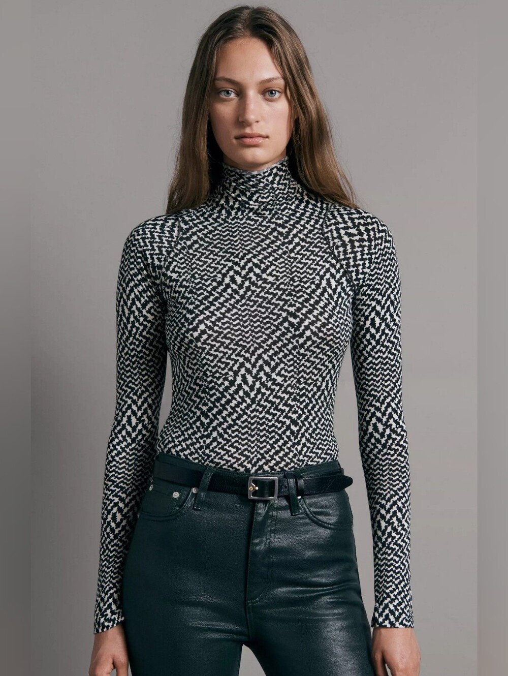Rag & Bone Edgy Chic Shaw Paneled Turtleneck Black White Print Top, Size S